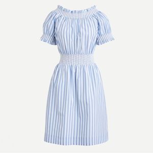 J. Crew 100% cotton Smocked puff-sleeve poplin dress in stripe blue white S